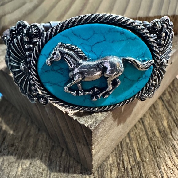 Horse Turquoise Stone Western Leather Open Bangle Bracelet - Picture 3 of 8